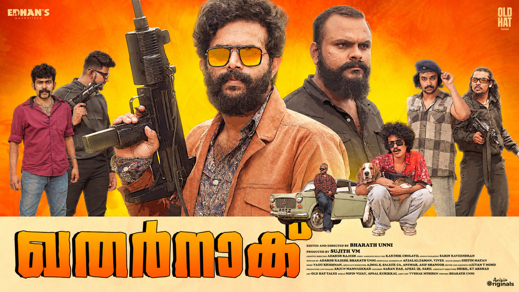 Khatarnak — ensemble poster with the cast, an armed lead, a car and a dog against an orange blaze