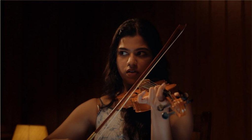 A violinist playing in low warm light